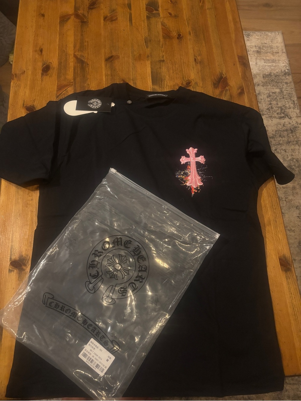 Chrome Hearts Men’s Black T‑Shirt with Pink Cross Graphic